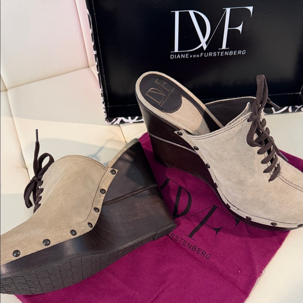 Diane Von Furstenberg Tan and Brown Wedge Mules